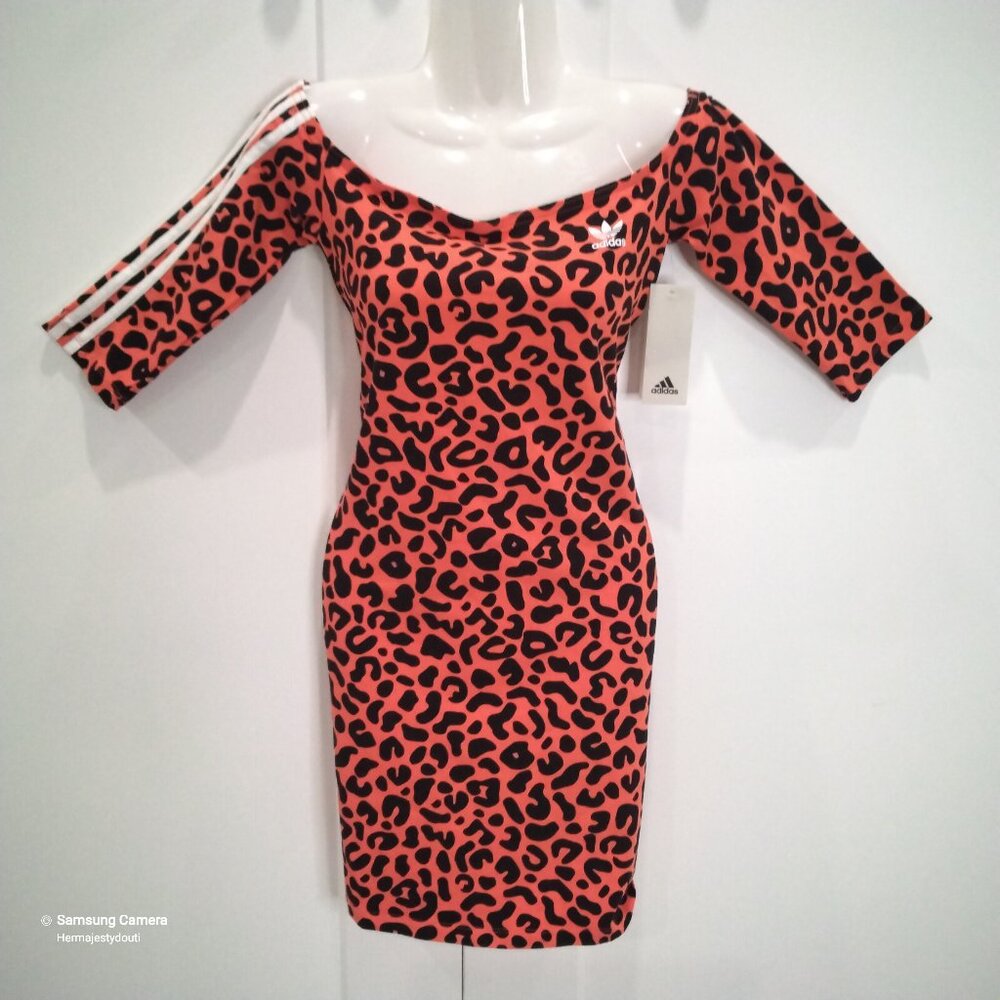 Adidas Originals x Eich Mnisi Leopard Print Off-Shoulder Body-Con Dress NWT Sm.